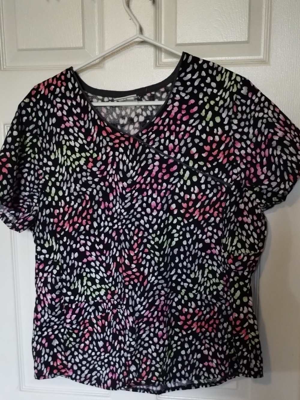 Scrubstar Black Short Sleeve V-Neck Top with Multi-Color Dot Print